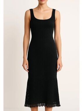 House of Harlow 1960 Knit Crochet Fringe Hem Midi Dress in black - Size Medium